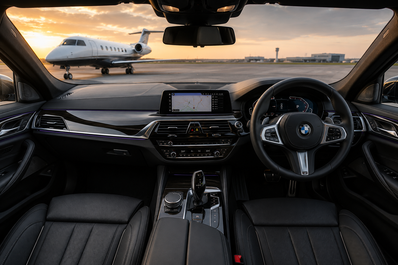 Airport Car Rental London Luxury Sedan Parked Outside Premium Airside Private Terminal for Corporate Aviation Logistics