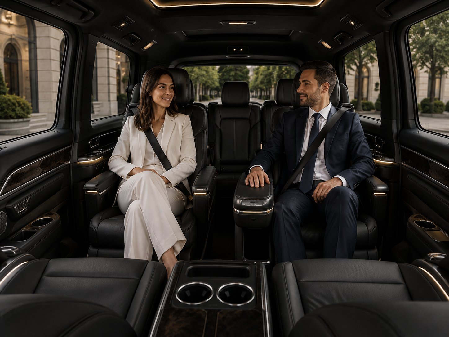 Executive Chauffeur V Class High Specification Interior Cabin Showing Conference Style Seating Layout