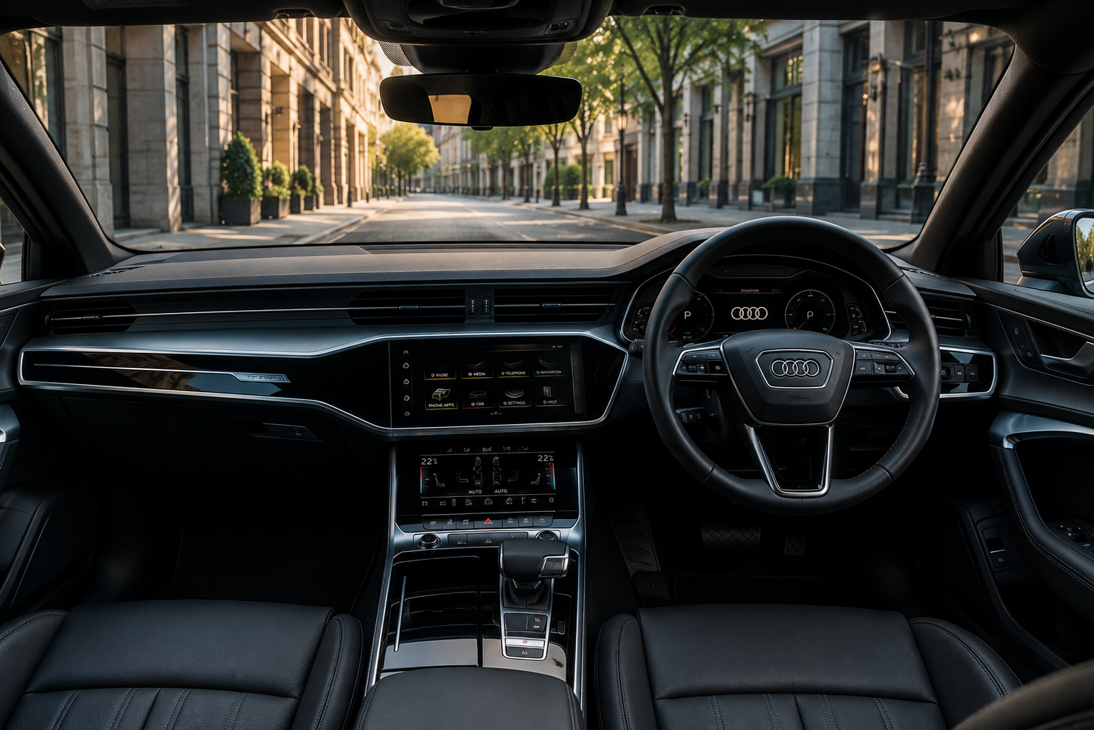 Chauffeur Service For Corporate Events Premium Executive Saloons Lined Up Near Vibrant Venue Entrance