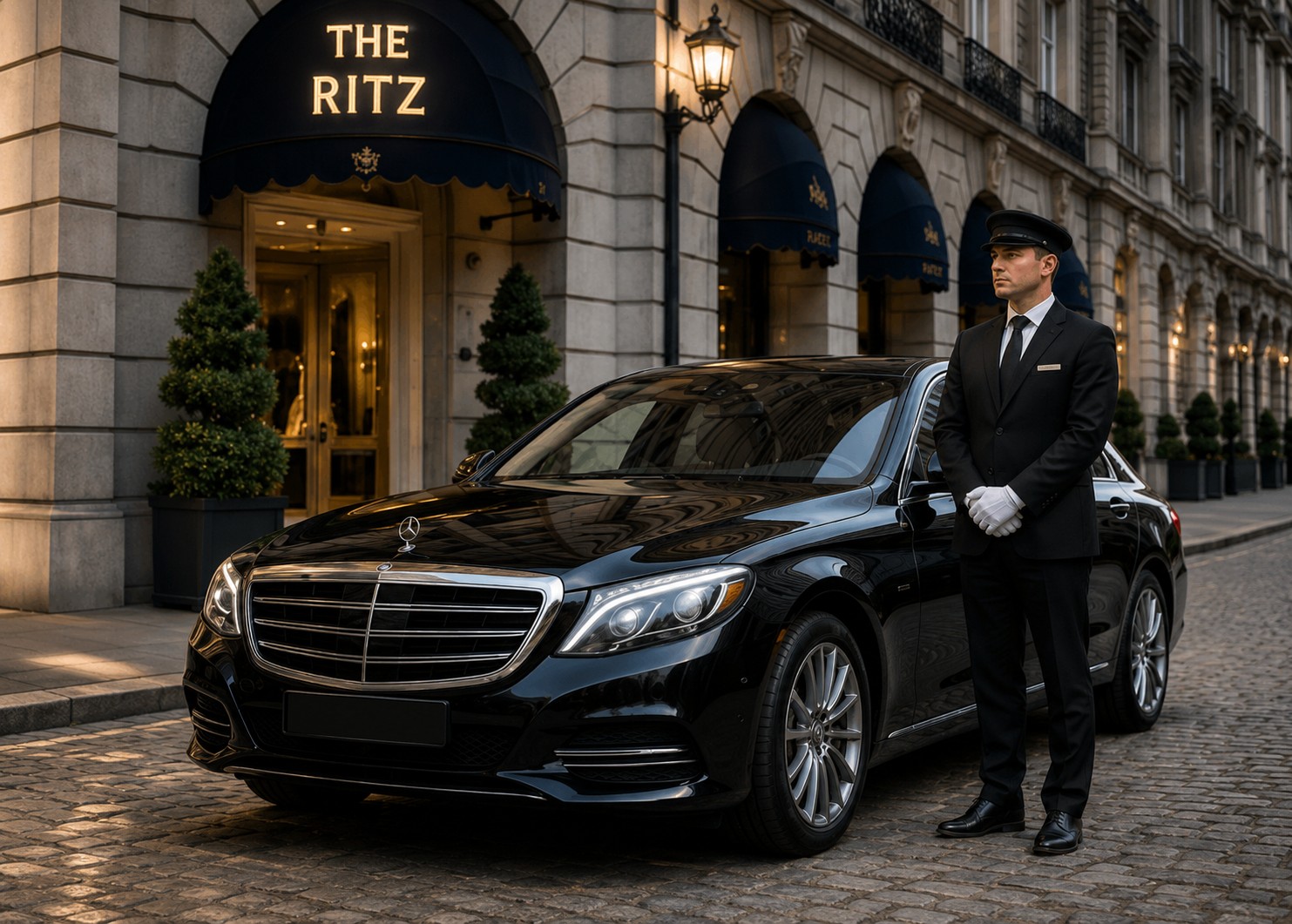 Central London Car Hire Premium Chauffeured Mercedes Sedan Stationary Elegantly Next To Contemporary Luxury Capital Architecture